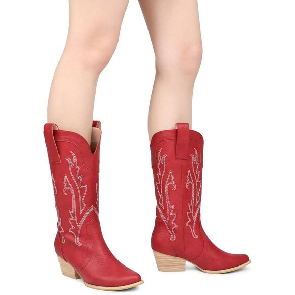 ⚡Women's Red Mid Calf Cowgirl Boots Pointy Toe Boot Embroidered Western - Picture 5 of 8